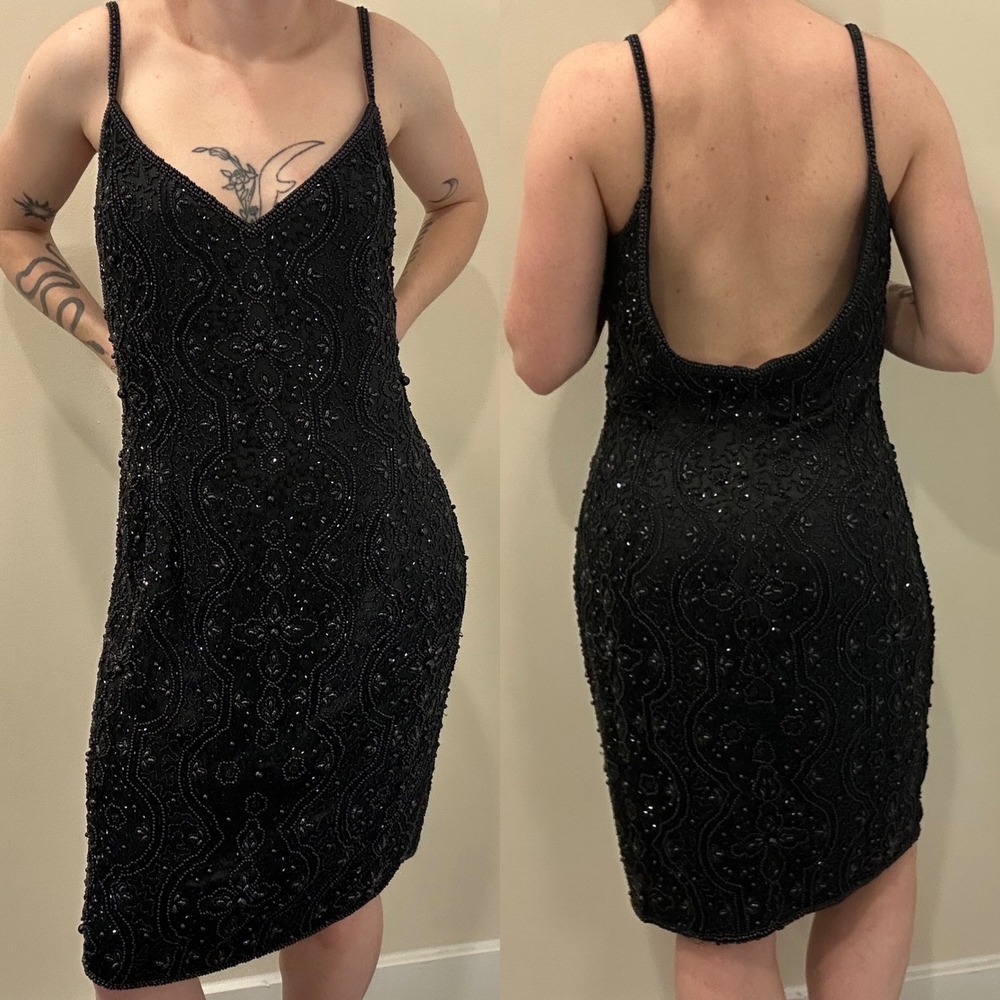 VTG 90s NiteLine Black Silk Beaded Mini Dress V-Neck Open Back Sz 6-8 Art‎ Deco